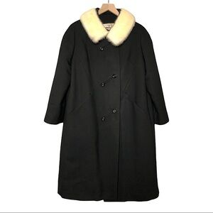 VINTAGE 60s Asymmetrical Button Fur Collar Black Wool Coat ROTHSCHILD’S Size M/L